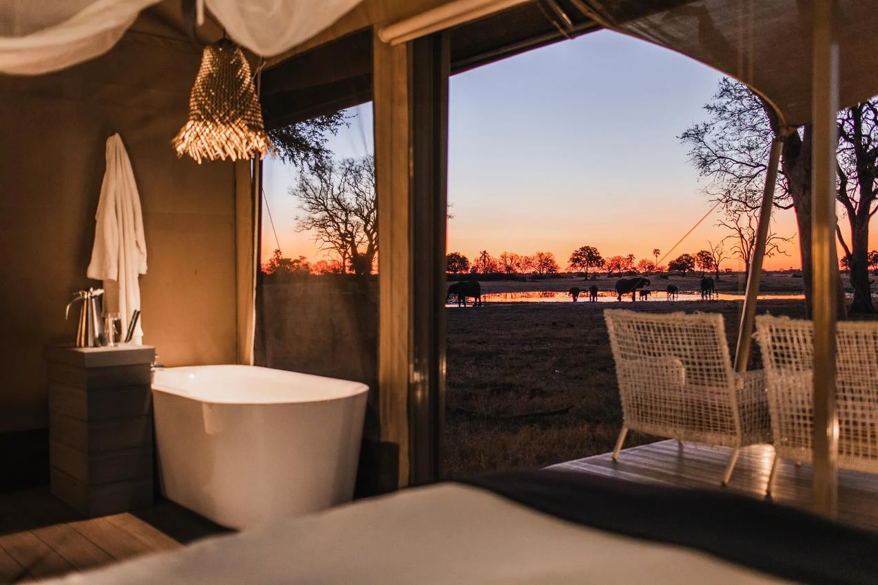 Luxury safari tent with bathtub overlooking elephants at sunset. Photo safari in Africa.