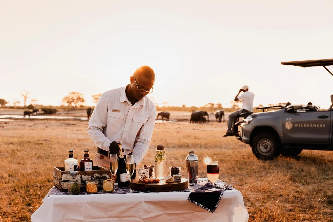 African safari: Safari guide prepares drinks at sunset, with elephants in the background. Photo safari with Wilderness Safaris.