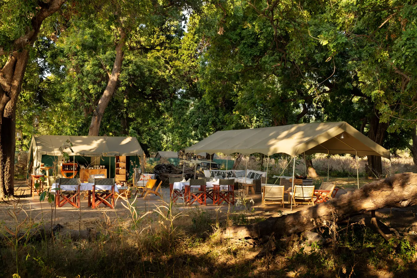 African photo safari camp with dining area and tents under shady trees. A great destination for an African safari.