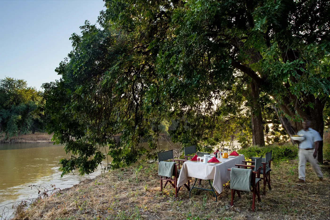 Riverside dining on an African photo safari. Table set under a shady tree, waiter nearby.