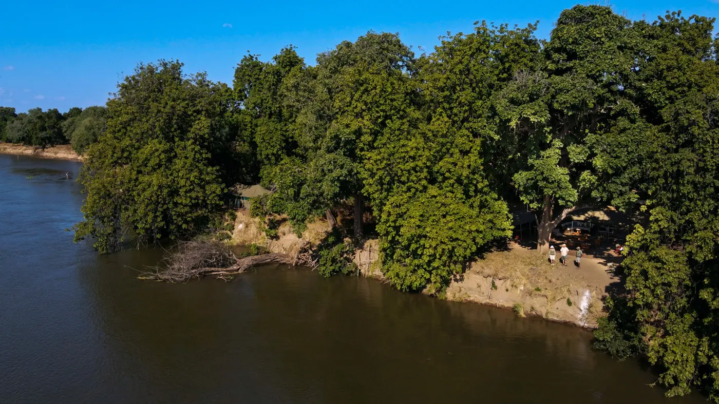 African photo safari: Riverbank view with lush trees, people, and wildlife habitat.