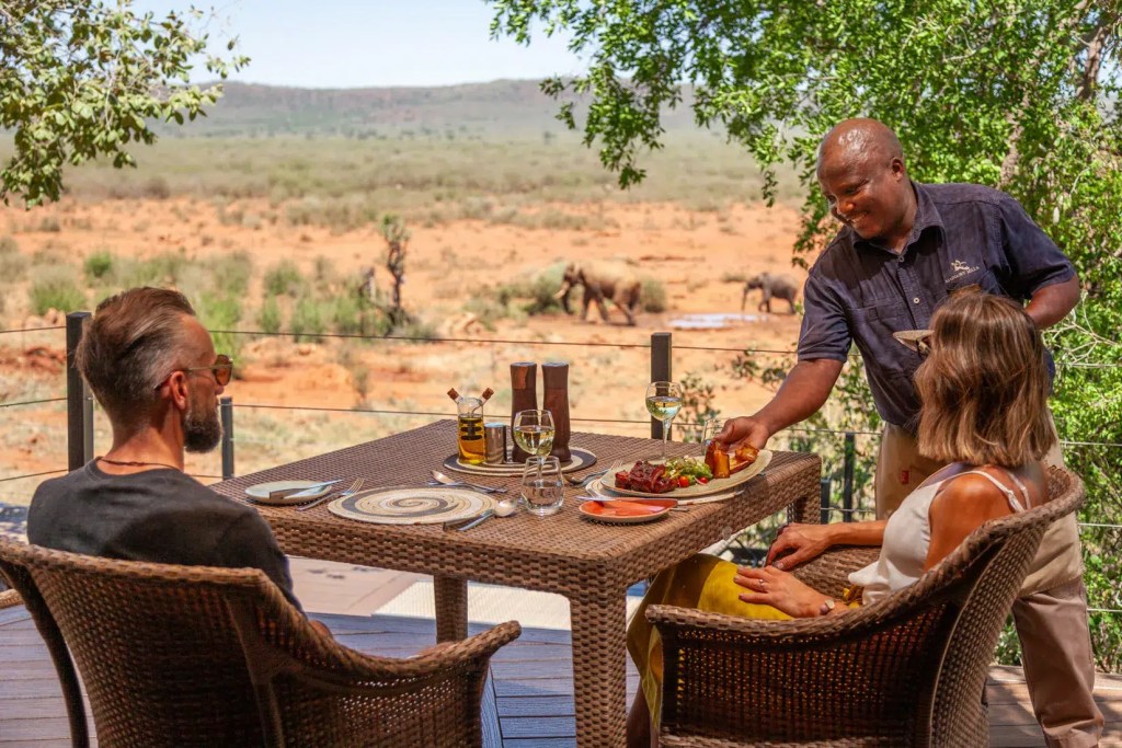 Couple enjoying a fine dining experience on an African safari, with elephants in the background.