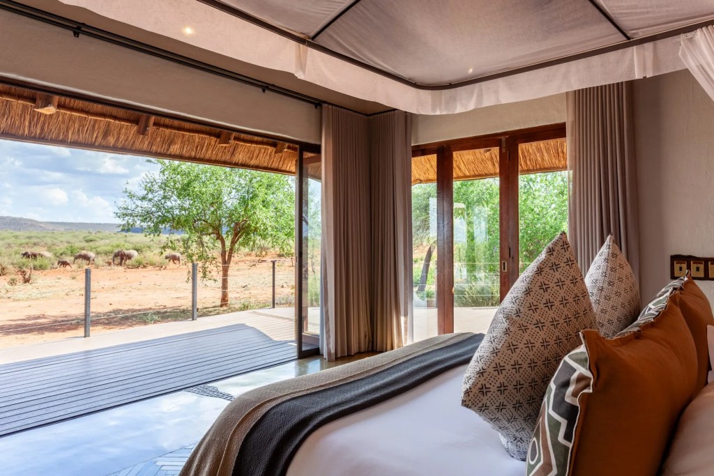 Luxury safari lodge bedroom with view of wildebeest on African photo safari