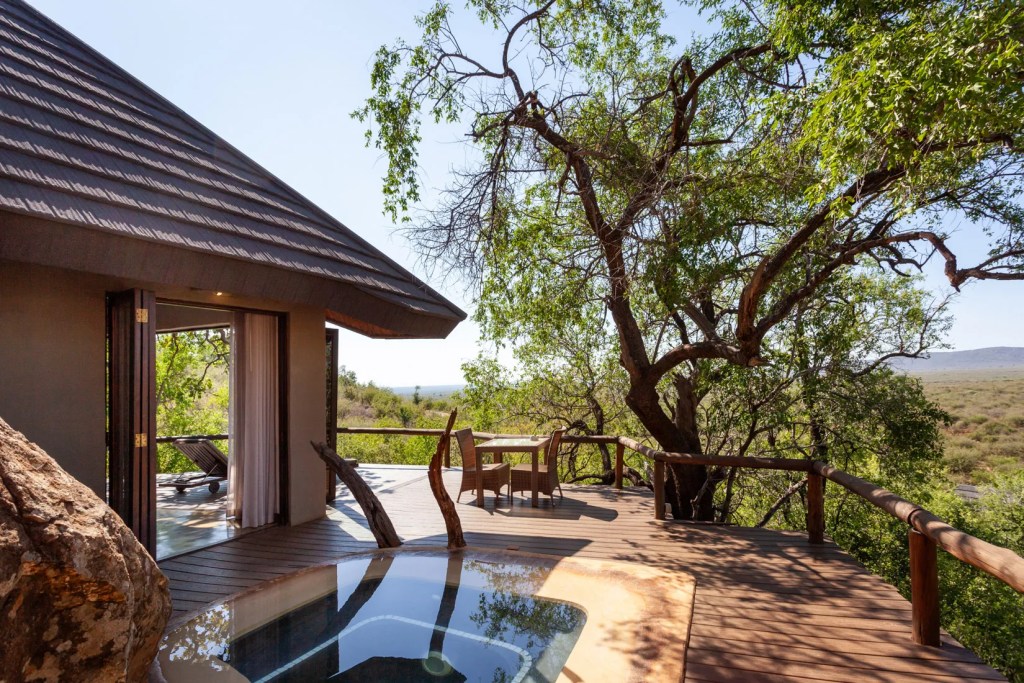 Luxury safari lodge deck with plunge pool and African bush view